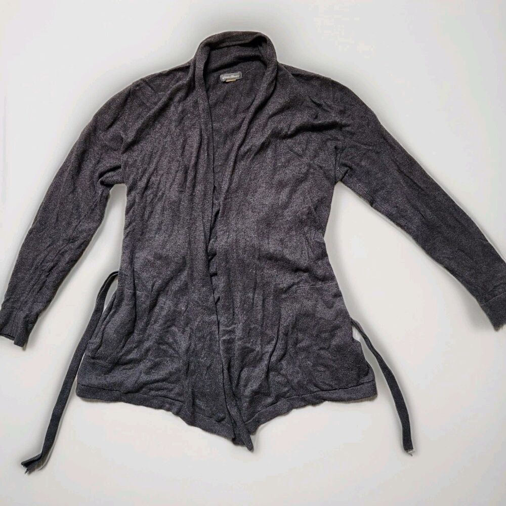 Eddie Bauer Cashmere Blend Open Front Knit Cardigan Gray Tie Waist Sz S GUC